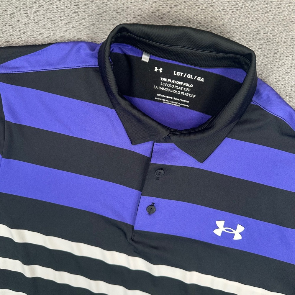 Under Armour Playoff Polo Shirt Men Large LT Tall Purple Black Striped Loose Fit